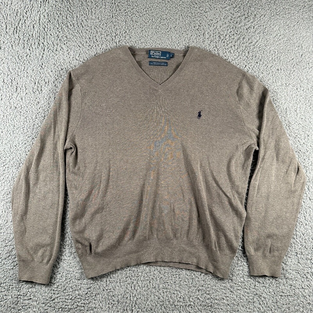 Polo Ralph Lauren Sweater Mens L Gray Pony Pima Cotton V Neck Jumper Pullover